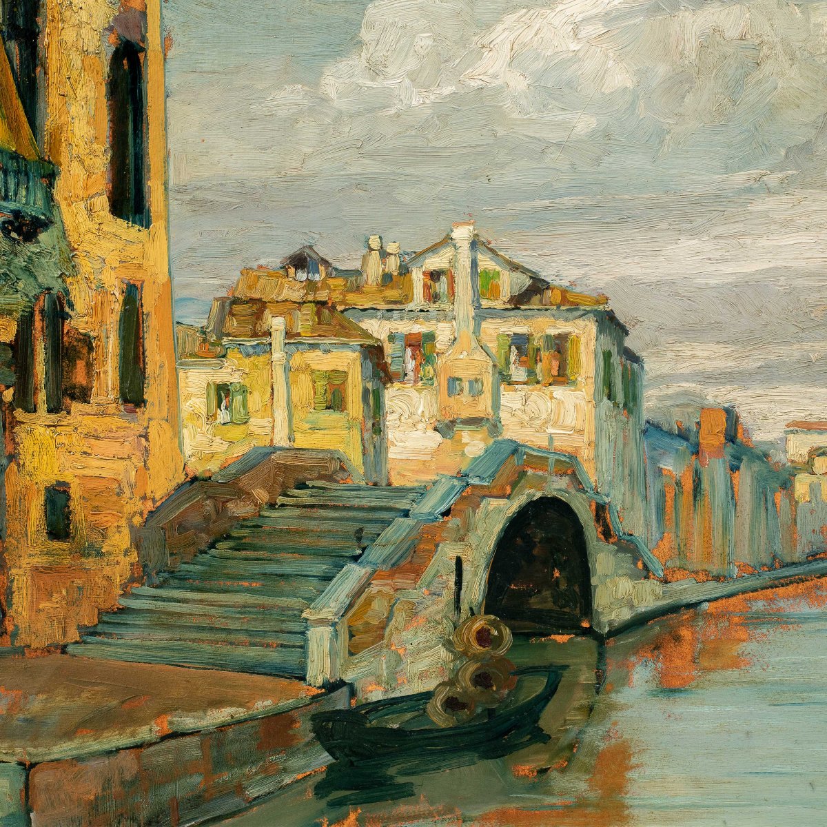 Pittore veneziano (inizi del XX secolo) - Canale veneziano con ponte e palazzo gotico.-photo-2