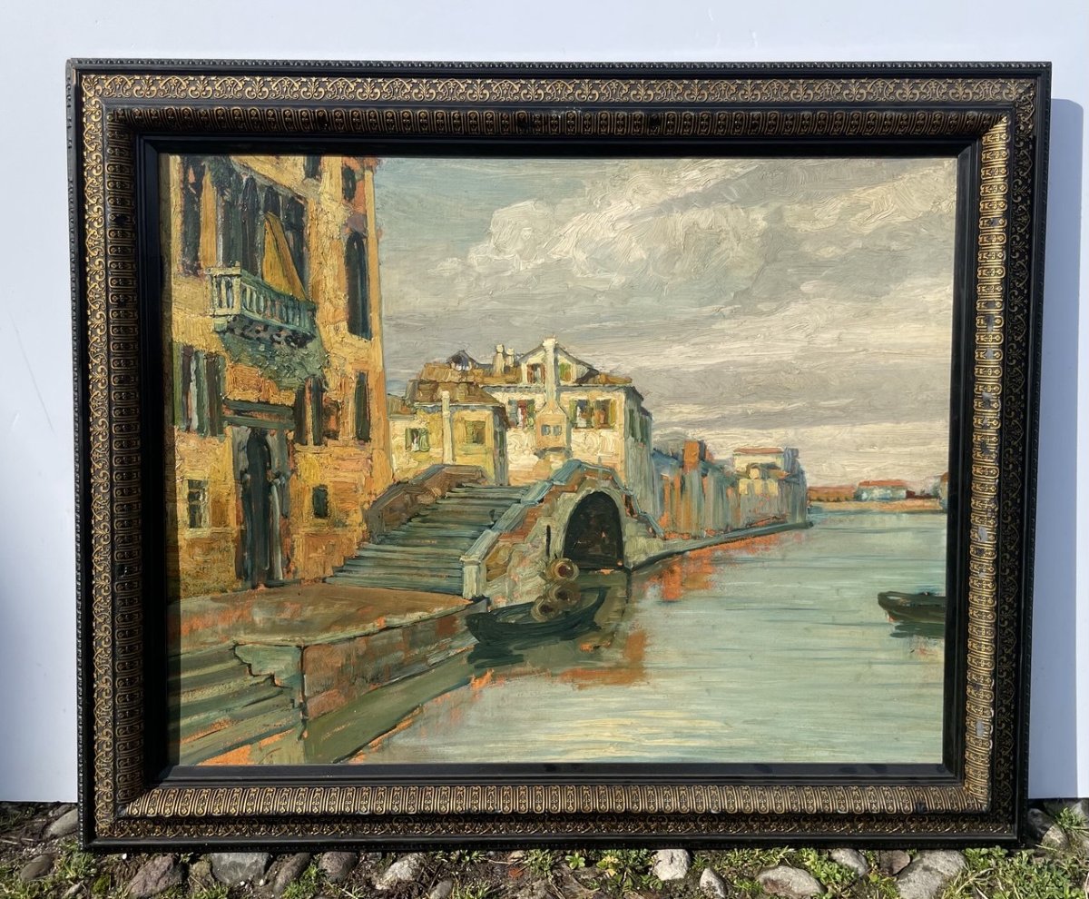Pittore veneziano (inizi del XX secolo) - Canale veneziano con ponte e palazzo gotico.-photo-4