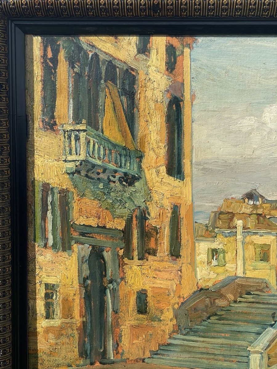 Pittore veneziano (inizi del XX secolo) - Canale veneziano con ponte e palazzo gotico.-photo-1