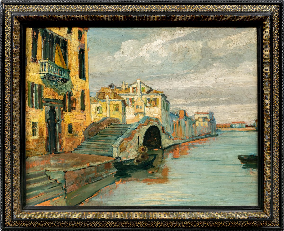 Pittore veneziano (inizi del XX secolo) - Canale veneziano con ponte e palazzo gotico.