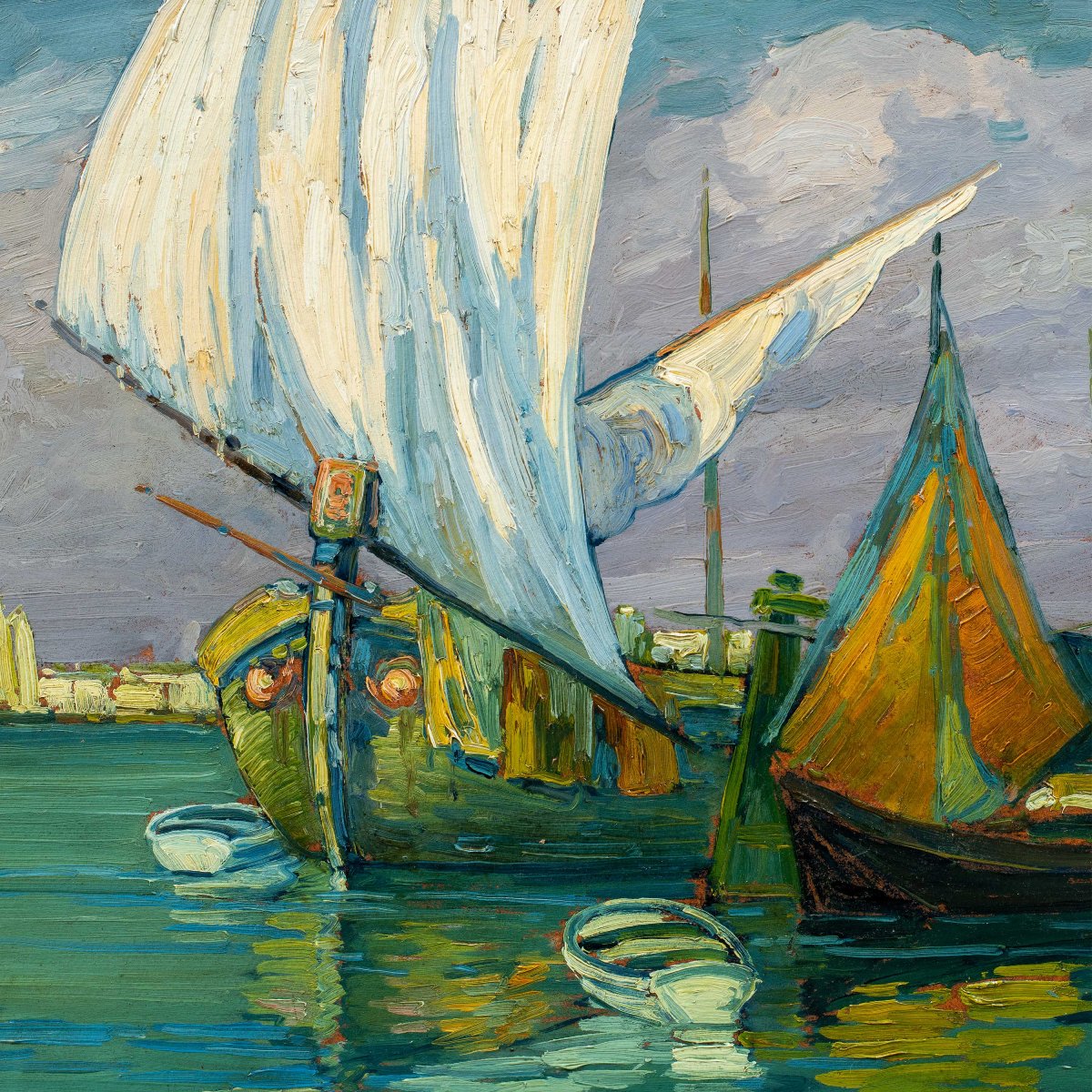 E. Scattolini (attivo a Venezia agli inizi del XX secolo) - Bragozzi con vele nella laguna.-photo-2
