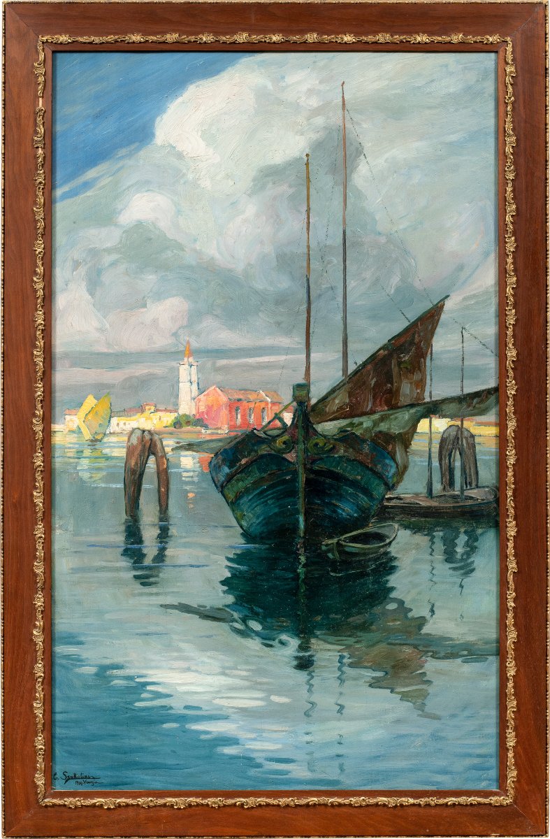 E. Scattolini (attivo a Venezia agli inizi del XX) - Barche da pesca nella laguna Burano.