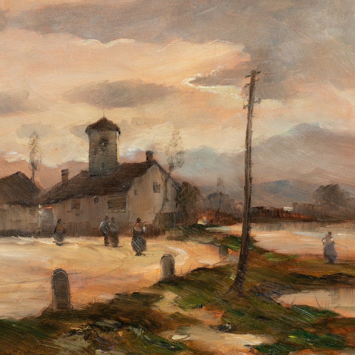 Vittorio Antonio Cargnel (Venezia 1872 - Milano 1931) - Paesaggio con borgo e figure.-photo-2