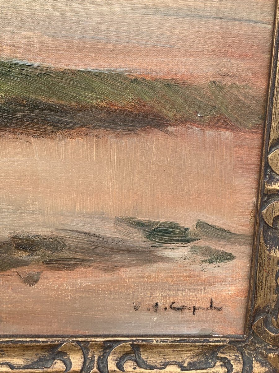 Vittorio Antonio Cargnel (Venezia 1872 - Milano 1931) - Paesaggio con borgo e figure.-photo-2