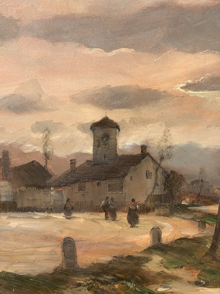 Vittorio Antonio Cargnel (Venezia 1872 - Milano 1931) - Paesaggio con borgo e figure.-photo-3