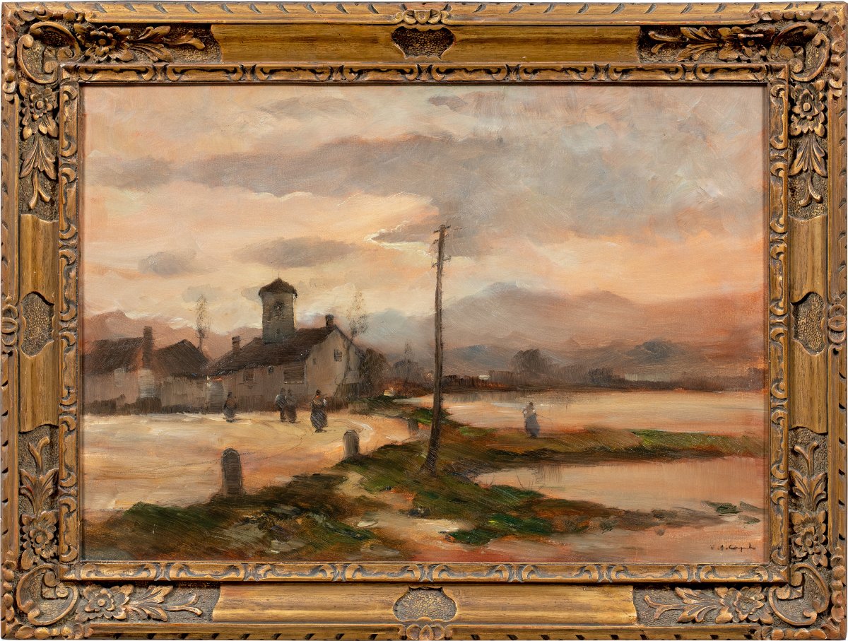 Vittorio Antonio Cargnel (Venezia 1872 - Milano 1931) - Paesaggio con borgo e figure.