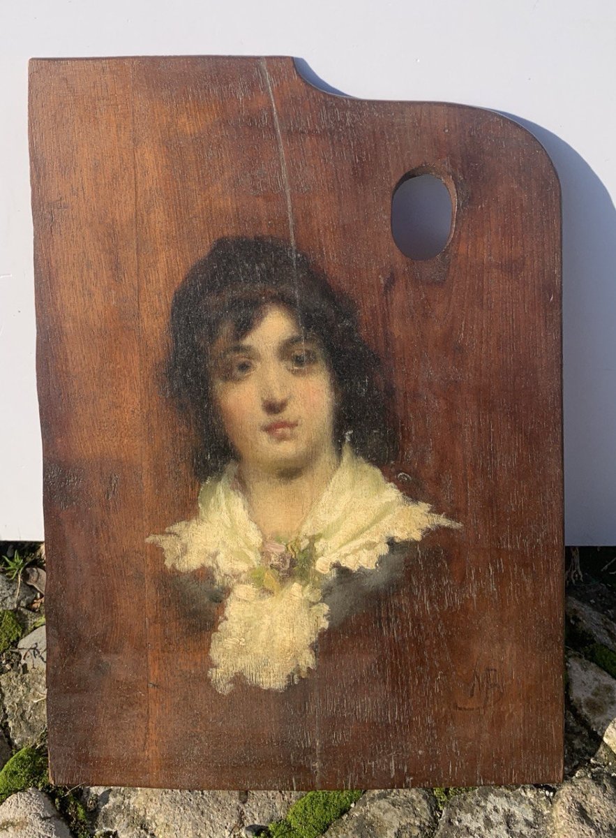 Attribuito a Mosè Bianchi (XIX) - Tavolozza del pittore con ritratto di fanciulla.-photo-4