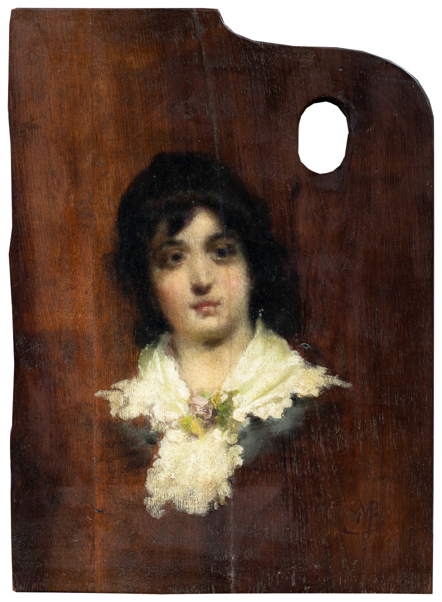 Attribuito a Mosè Bianchi (XIX) - Tavolozza del pittore con ritratto di fanciulla.