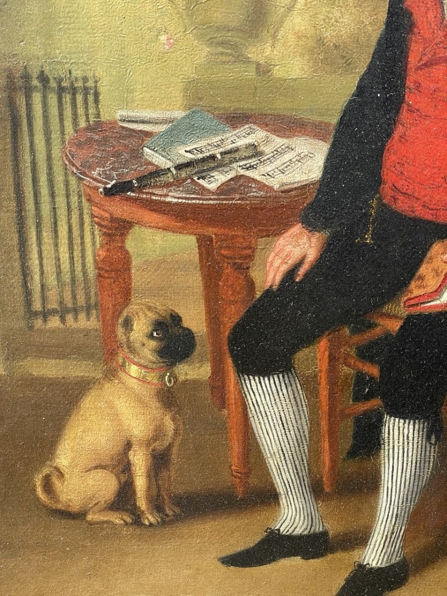 Pittore inglese (XVIII-XIX secolo) - Ritratto di gentiluomo con carlino.-photo-2