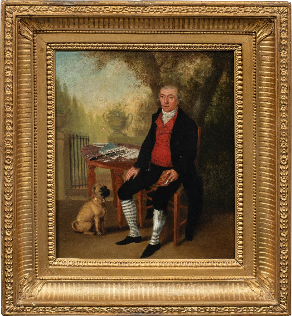 Pittore inglese (XVIII-XIX secolo) - Ritratto di gentiluomo con carlino.