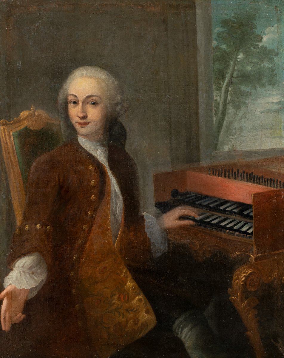 Pittore francese (XVIII secolo) - Ritratto di gentiluomo al clavicembalo.