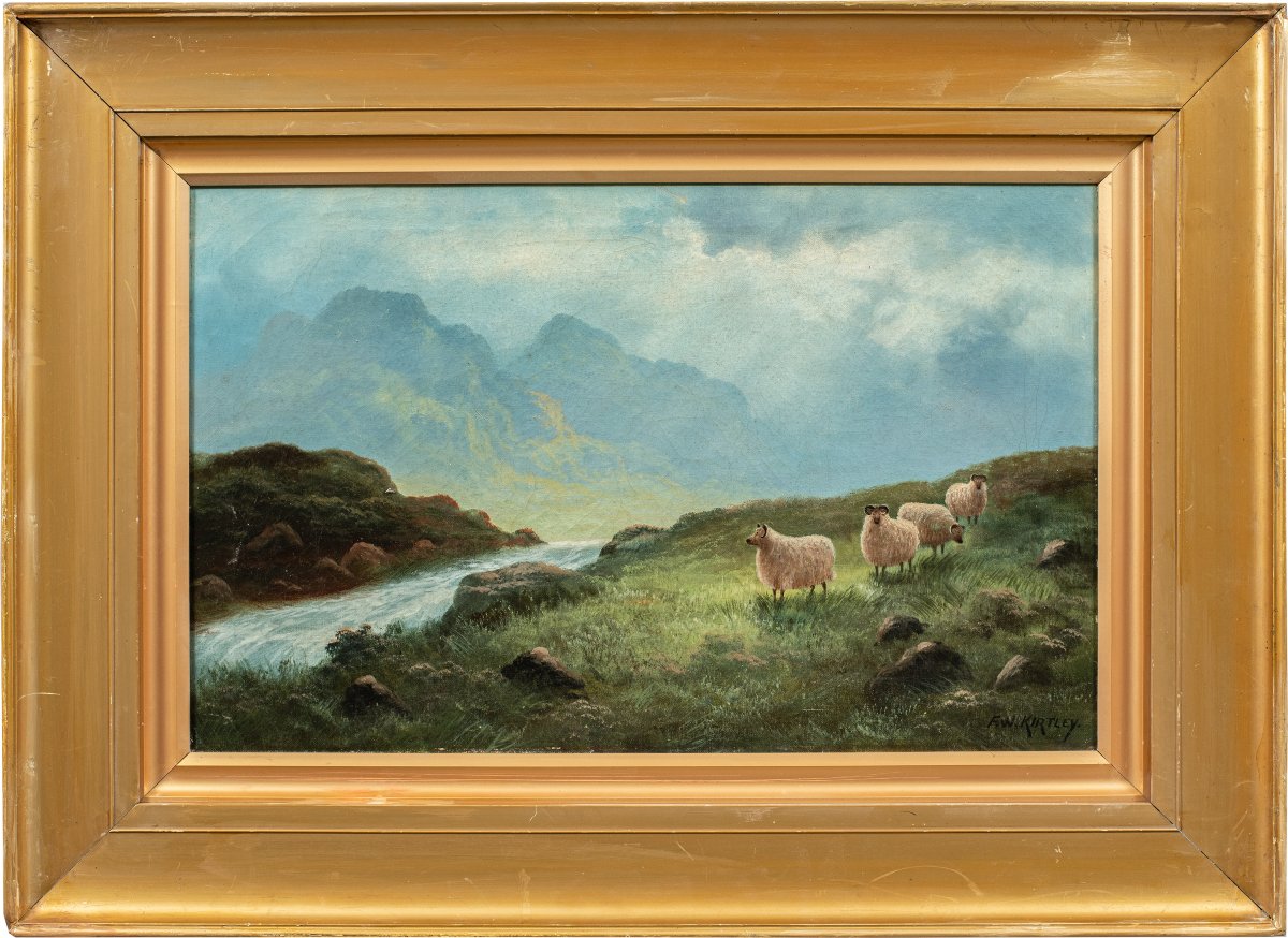 F. W. Kirtley (British, 19th century) - Paesaggio montano con pecore.