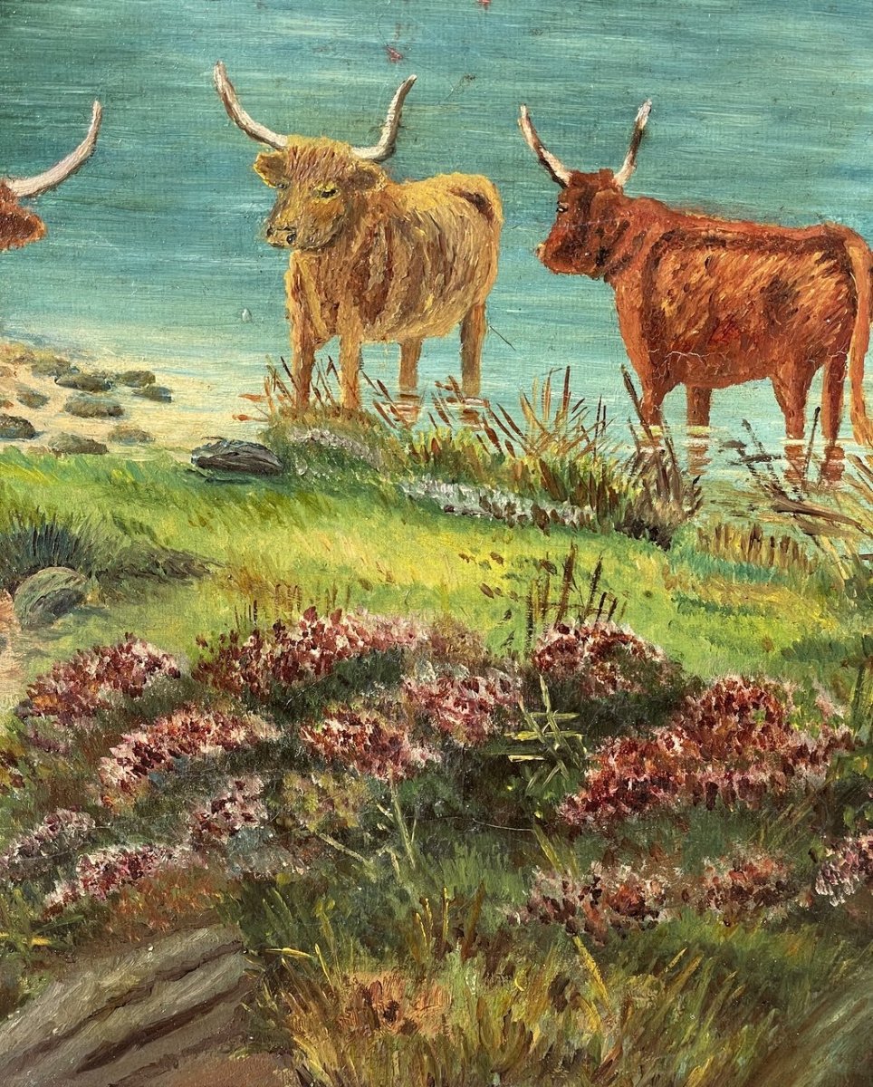 Lilian Harrison (British, fine XIX - inizio XX) - Tori delle Highlands in un paesaggio lacustre-photo-3