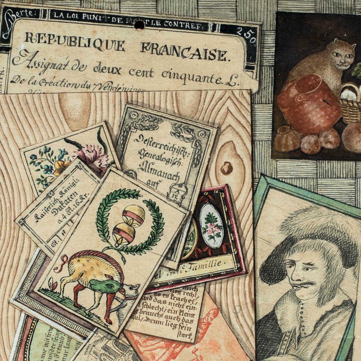 Pittore tedesco (XVIII-XIX secolo) - Trompe l'oeil con documenti, incisioni e natura morta.-photo-2
