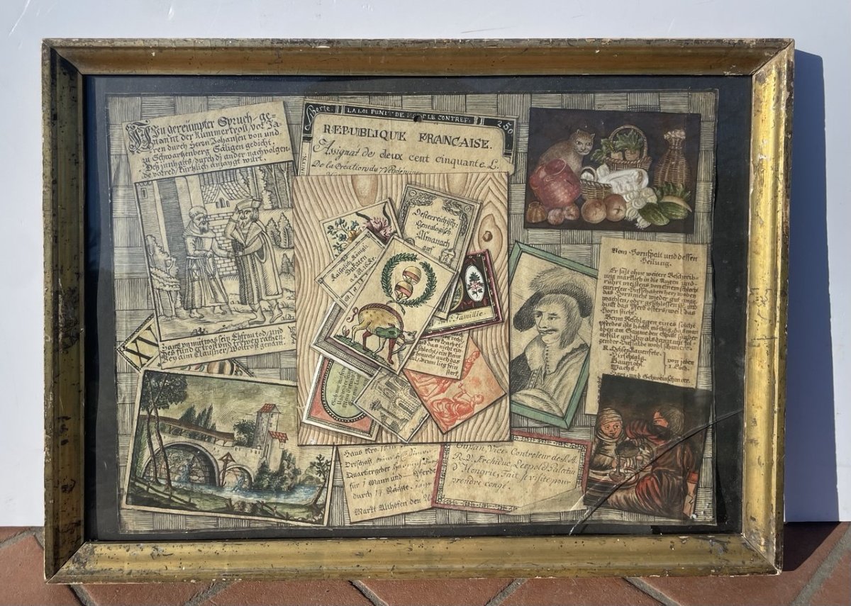 Pittore tedesco (XVIII-XIX secolo) - Trompe l'oeil con documenti, incisioni e natura morta.-photo-1