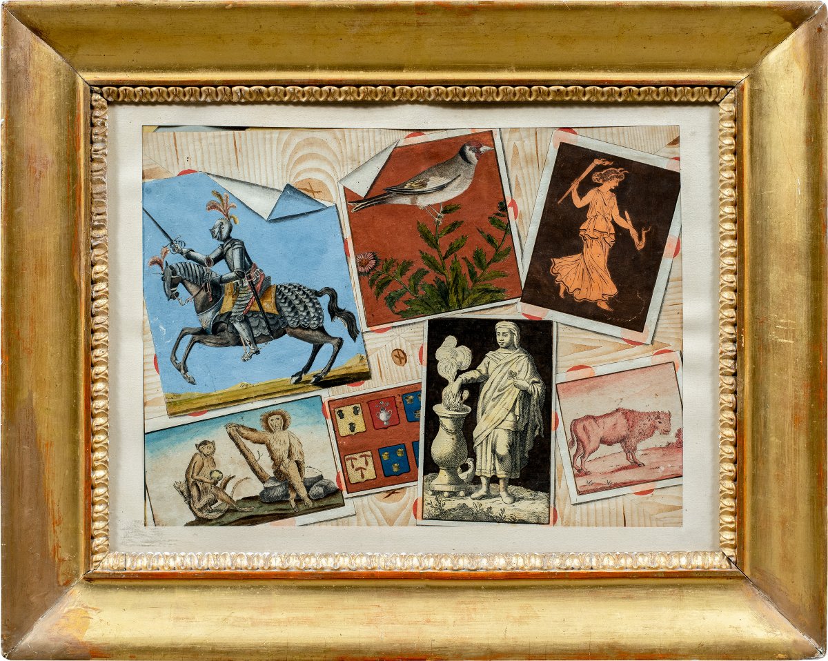 Pittore francese (XIX secolo) - Trompe l'oeil con stampe da collezione.