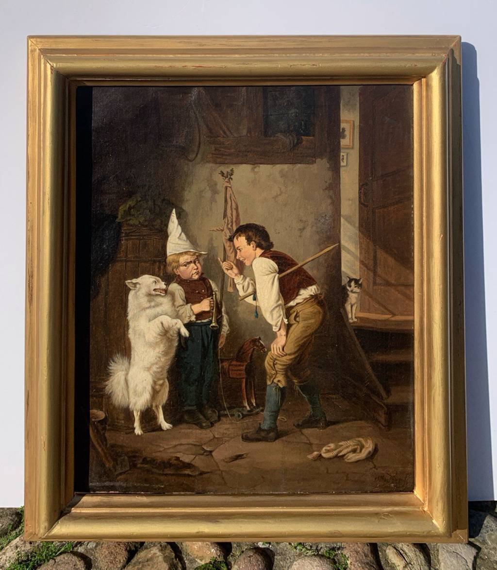 Pittore realista tedesco (XIX sec.)-  Due bambini giocano con il cane ammaestrato.-photo-4