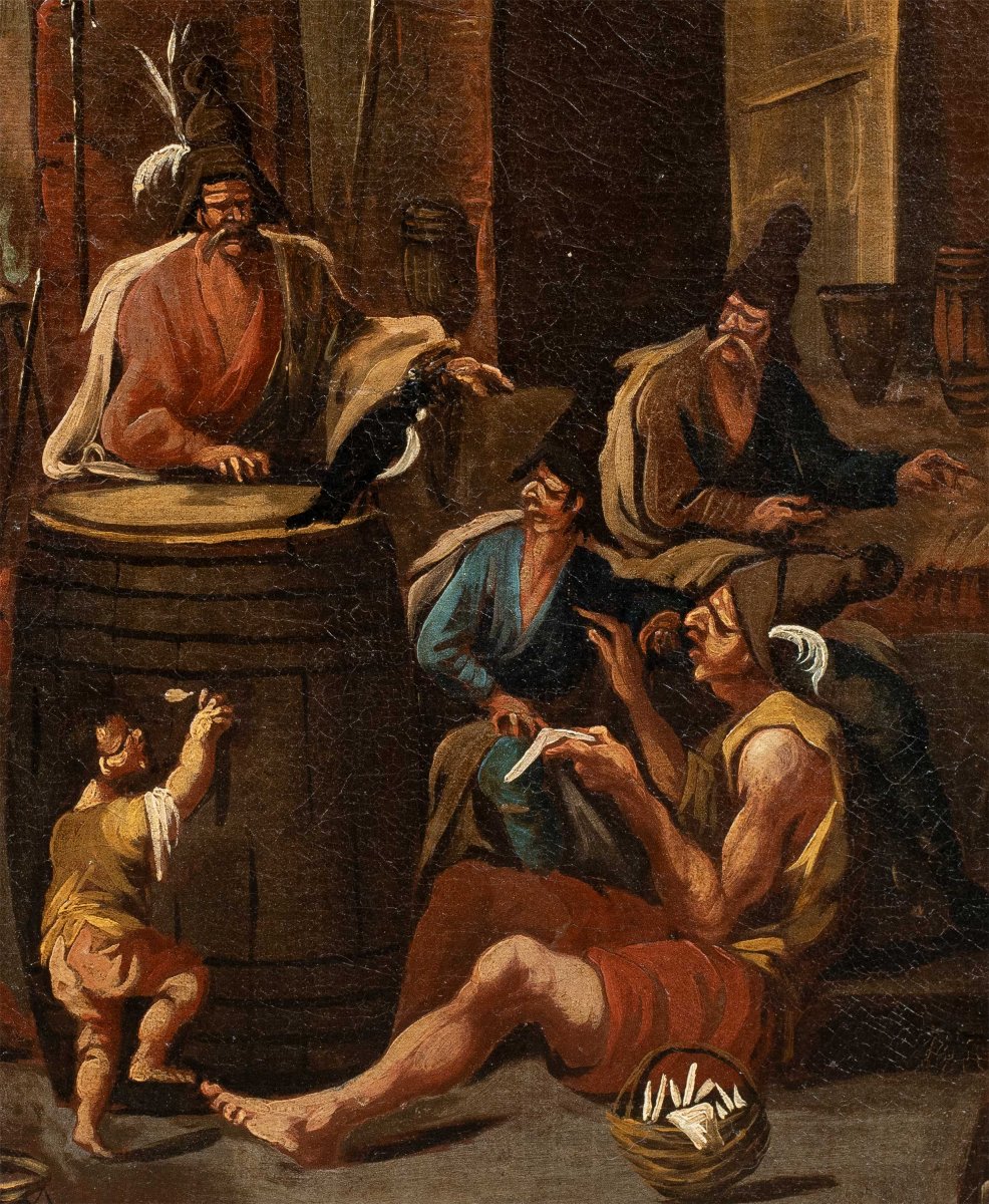 Attribuito ad Alessandro Magnasco (Genova 1667 - 1749) - Scena di taverna con venditore e gazza-photo-2