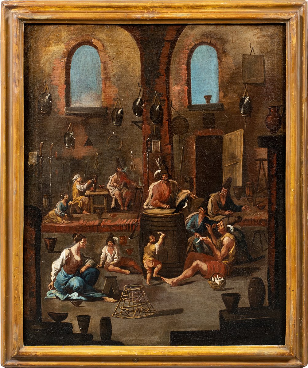 Attribuito ad Alessandro Magnasco (Genova 1667 - 1749) - Scena di taverna con venditore e gazza