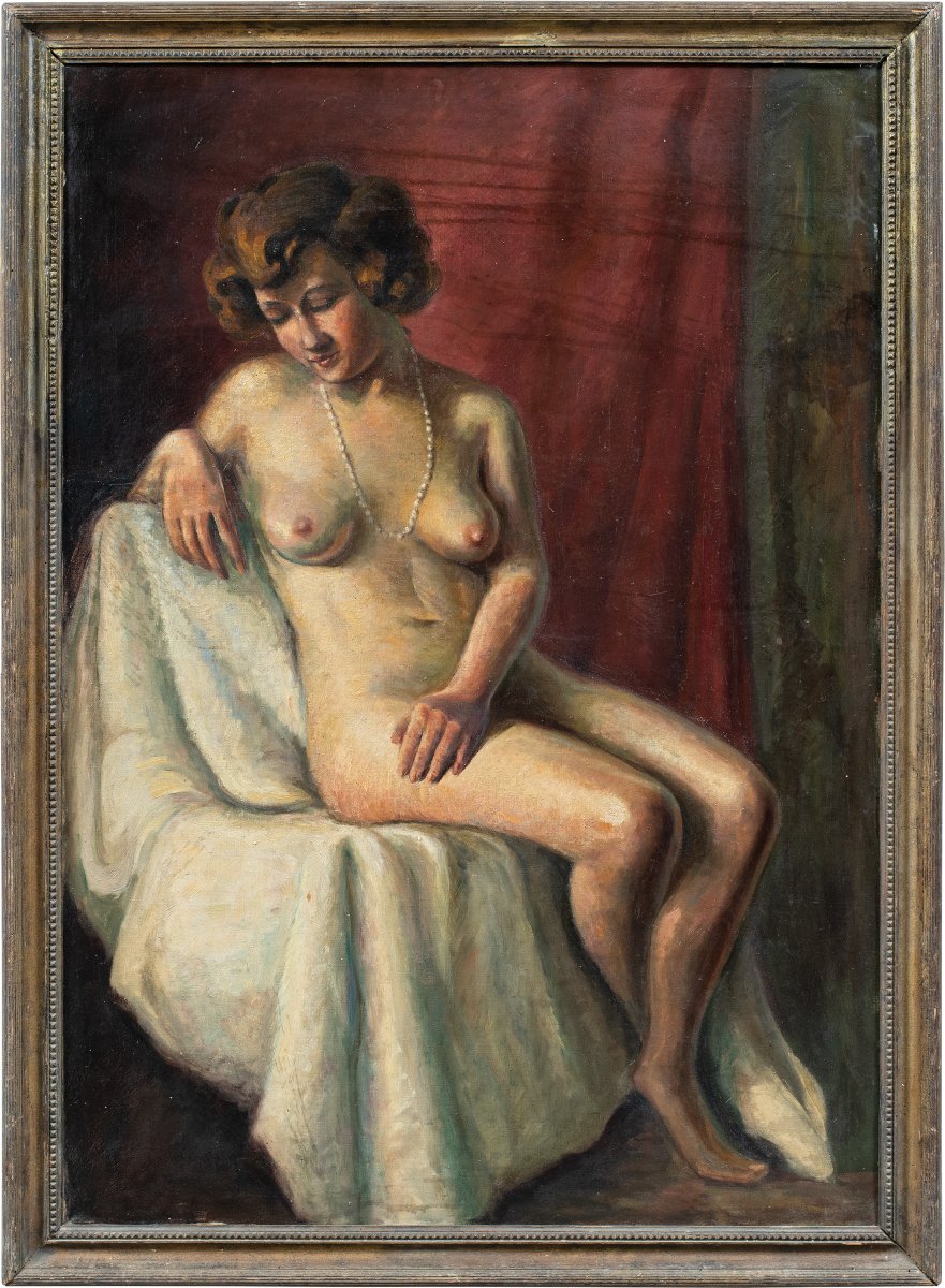 Pittore francese (inizio XX sec.) - Nudo femminile con collana di perle.