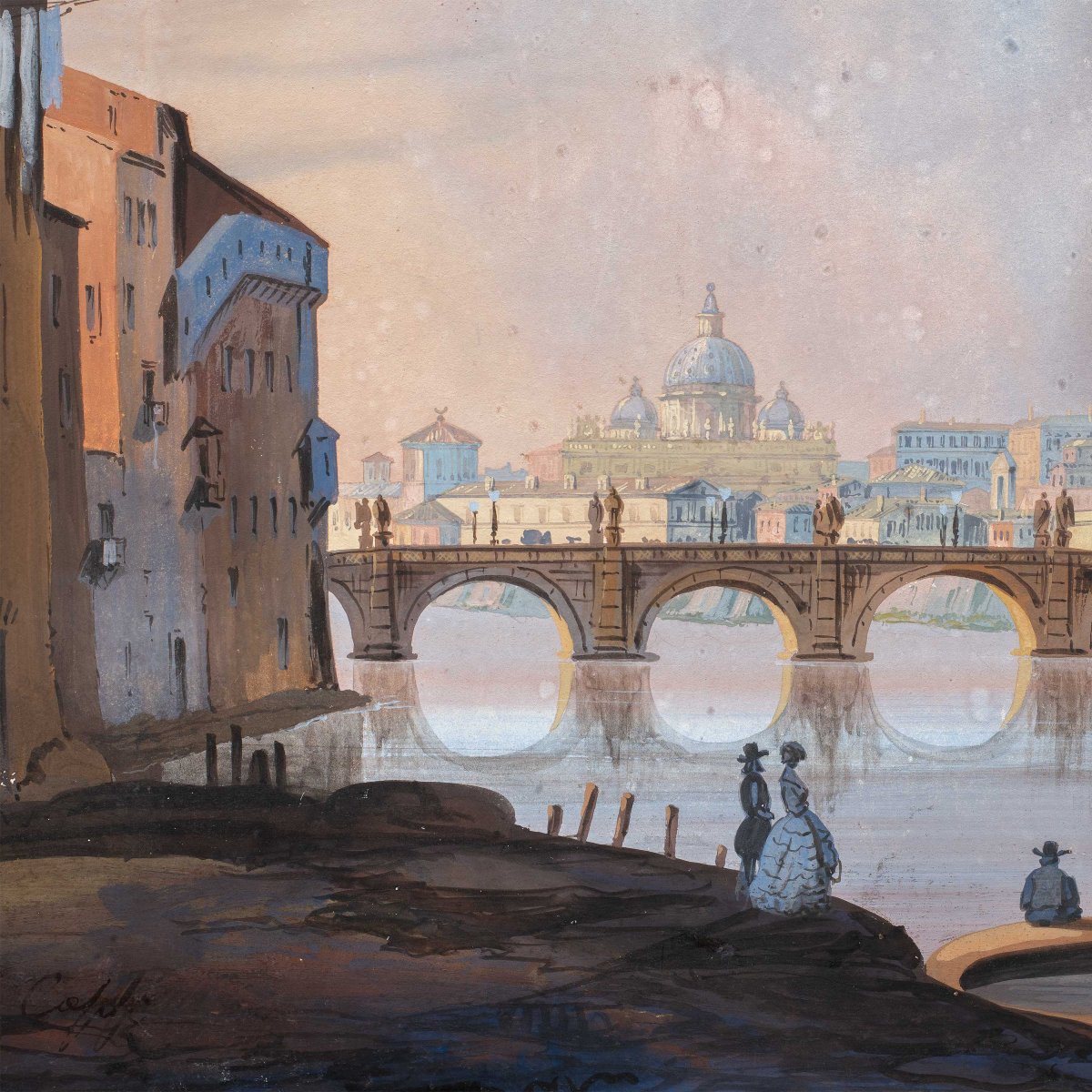 Seguace di Ippolito Caffi (XIX sec.) - Roma, veduta del Tevere verso Castel Sant'Angelo.-photo-2