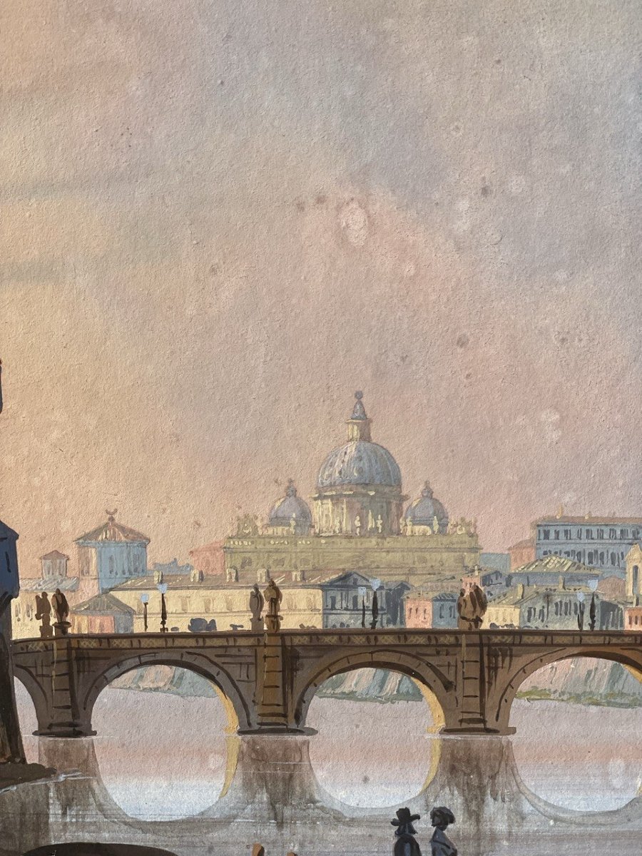 Seguace di Ippolito Caffi (XIX sec.) - Roma, veduta del Tevere verso Castel Sant'Angelo.-photo-1