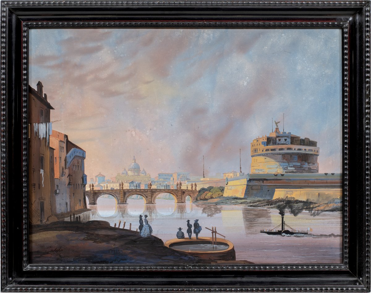 Seguace di Ippolito Caffi (XIX sec.) - Roma, veduta del Tevere verso Castel Sant'Angelo.