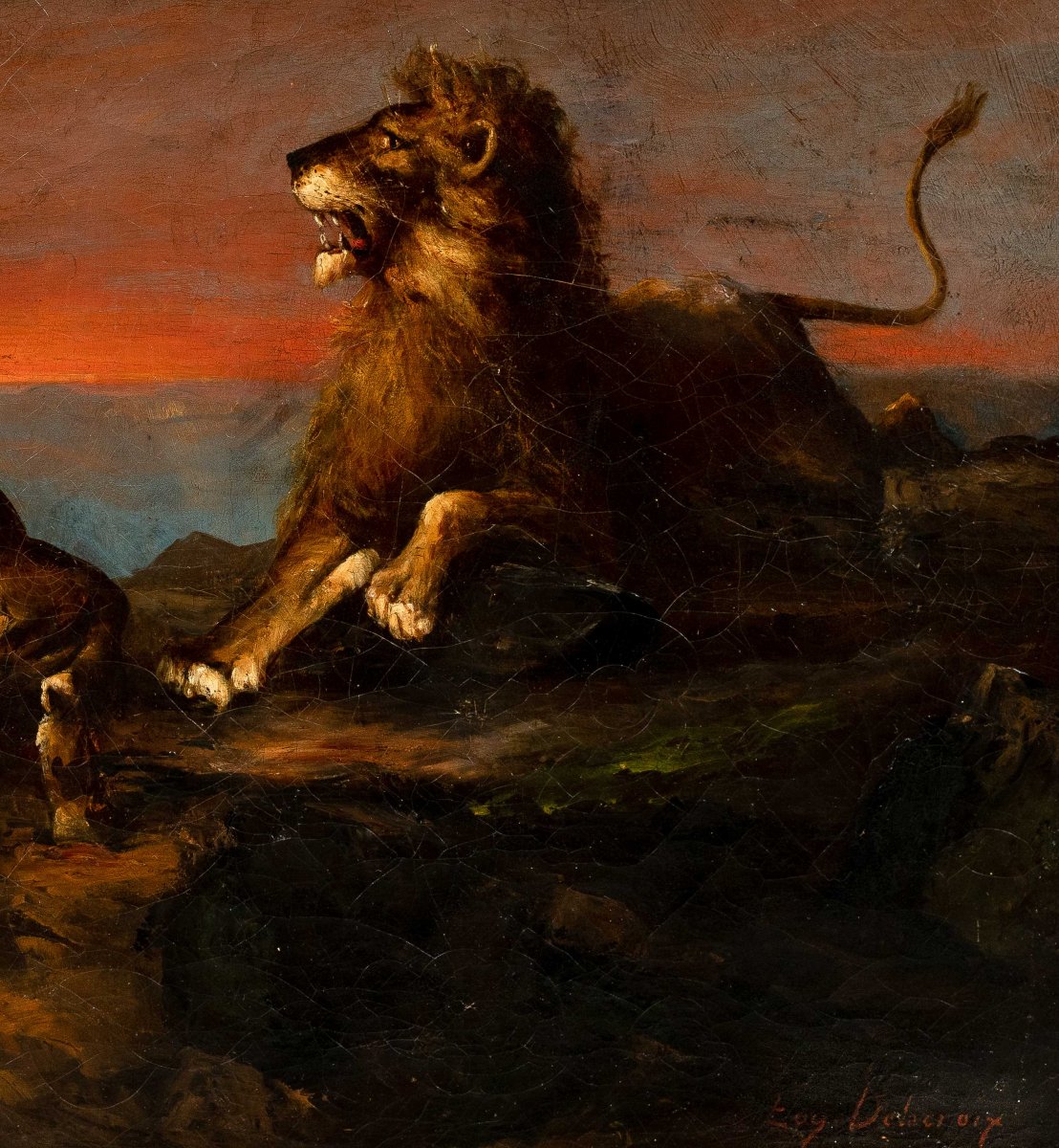 Pittore francese (XIX sec.) - Leone e leonessa al tramonto.-photo-2