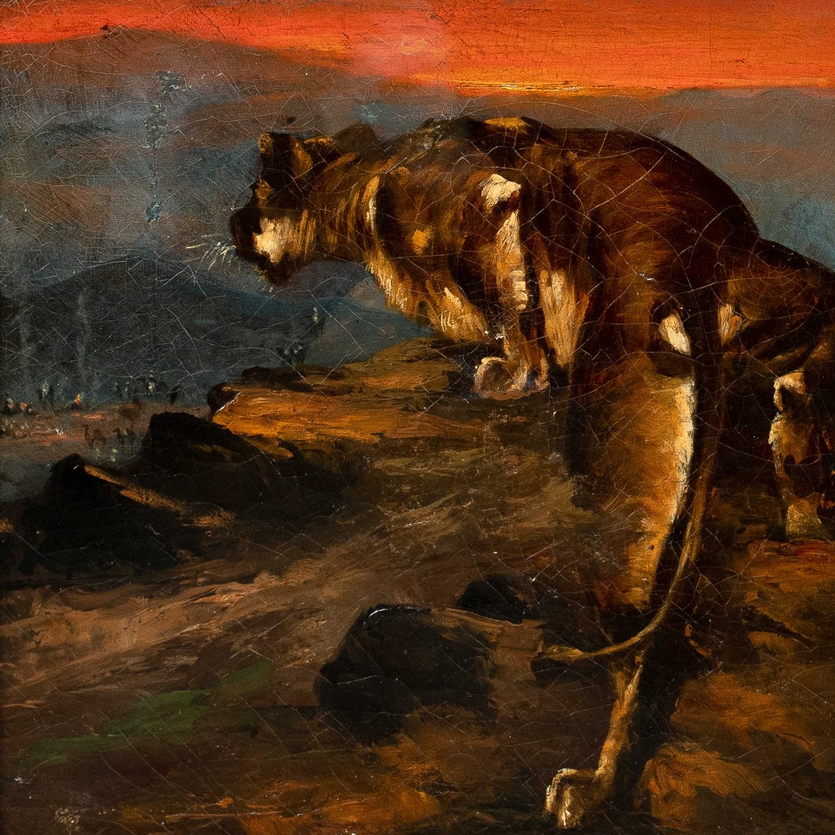 Pittore francese (XIX sec.) - Leone e leonessa al tramonto.-photo-3