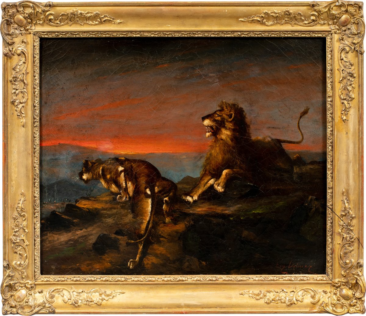 Pittore francese (XIX sec.) - Leone e leonessa al tramonto.