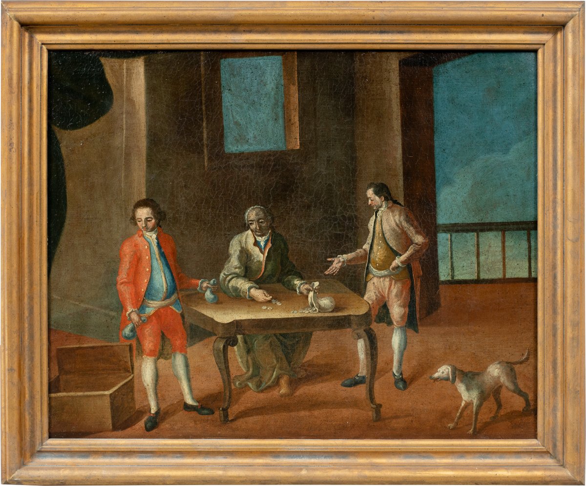 Pittore veneziano (seconda metà XVIII secolo) - Interno con scena di conteggio del denaro.