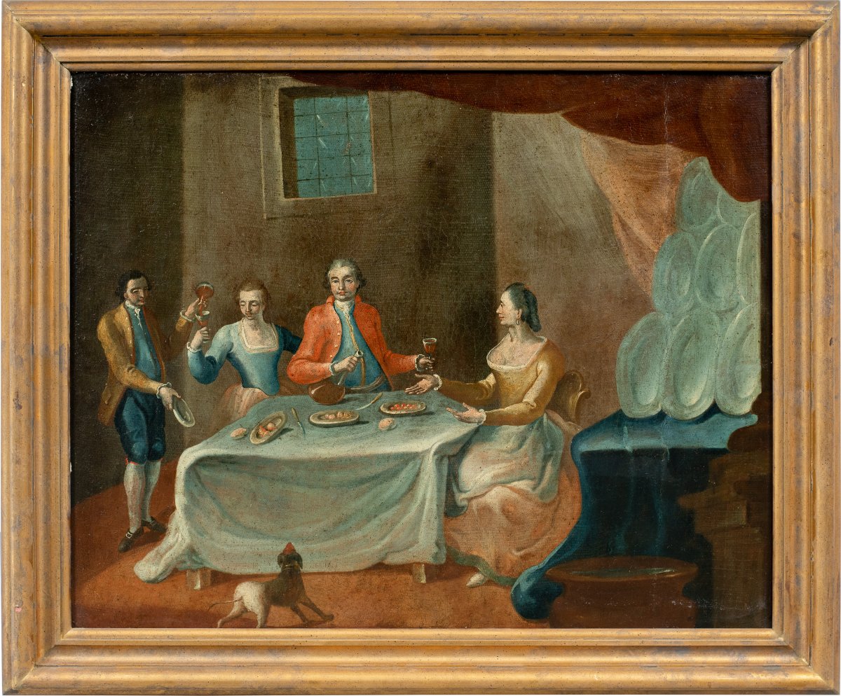 Pittore veneziano (seconda metà XVIII secolo) - Interno con scena di banchetto.