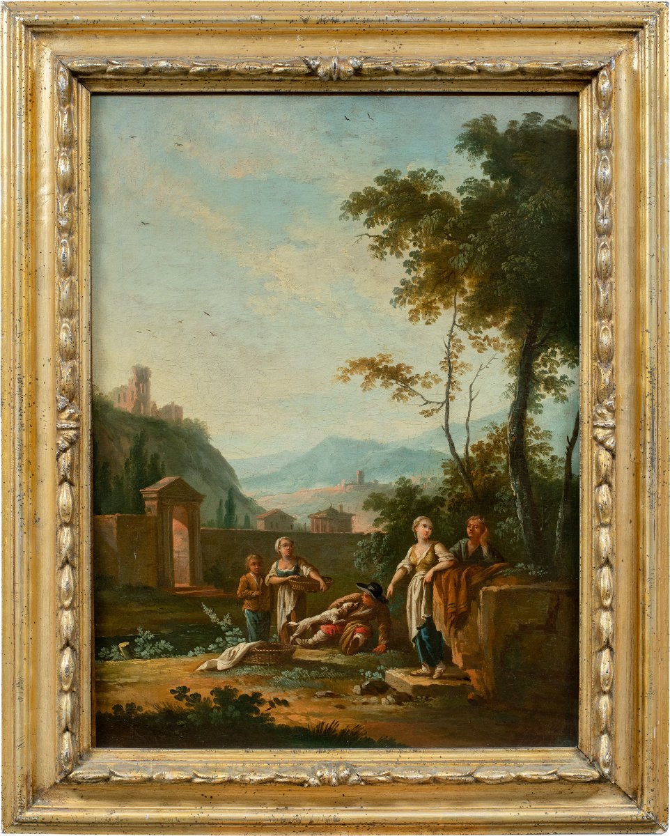 Jean Baptiste Caudot (Nancy 1682 - Nancy 1757) - Paesaggio arcadico con figure in sosta.