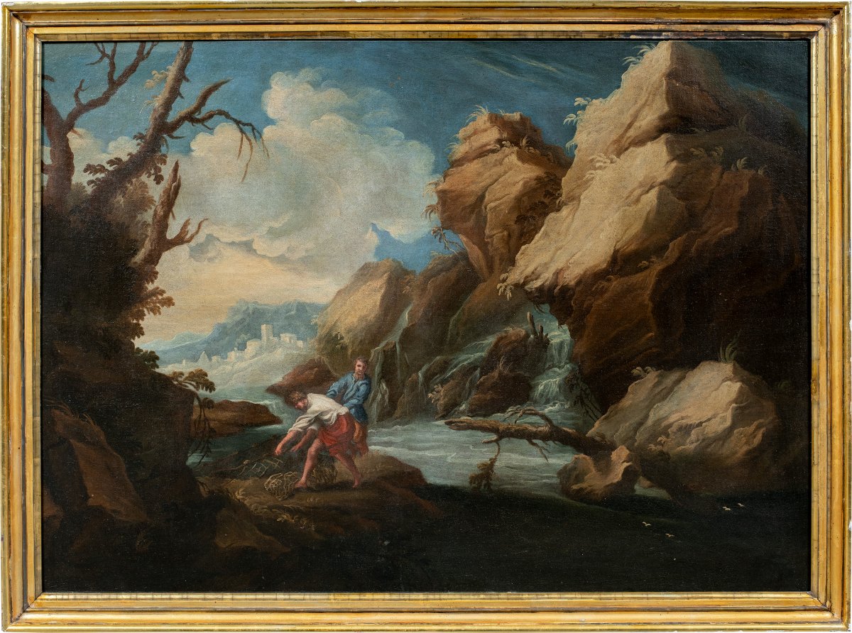 Attribuito a Bartolomeo Pedon (Venezia 1665 - Venezia 1732) - Paesaggio fluviale con pescatori.