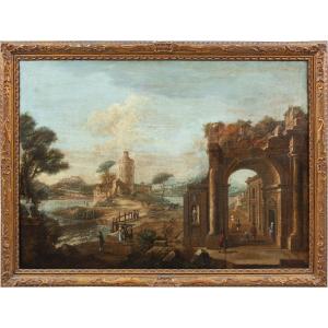 Francesco Battaglioli (Modena 1710 ca. - Venezia post 1796) - Capriccio architettonico con pers