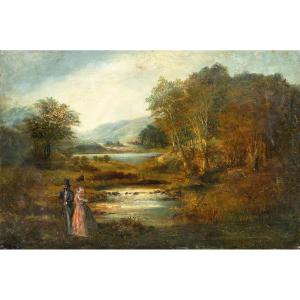 Pittore europeo (XIX sec.) - Paesaggio fluviale con nobili a passeggio. 