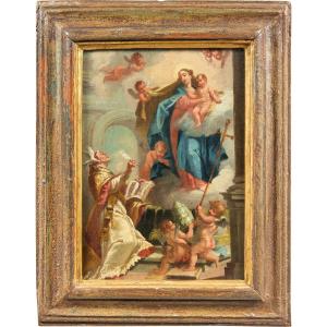 Pittore veneziano (XVIII sec.) - Madonna con Bambino, santo in adorazione e cherubini.