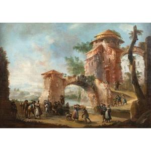 Pittore italiano (XVIII sec.) - Paesaggio con rovine e personaggi.