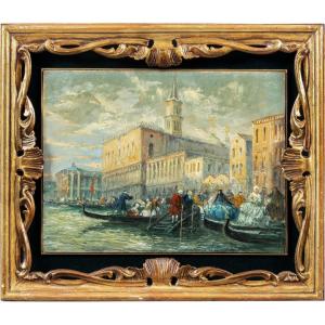 Pittore veneziano (fine XIX sec.) - Venezia, veduta della Riva degli Schiavoni con maschere di 