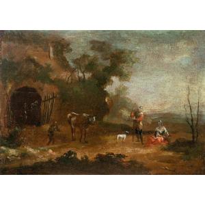 Pittore italiano (XVIII sec.) - Paesaggio con pastori a riposo.
