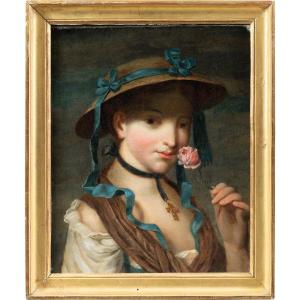 Pittore francese (XVIII sec.) - Ritratto di pastorella con rosa.