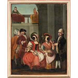 Pittore veneziano (XVIII sec.) - Scena galante con personaggi in maschera.