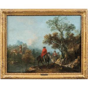 Francesco Zuccarelli (Pitigliano 1702 - Firenze 1788) - Paesaggio fluviale con cavalieri.