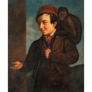 Pittore inglese (XIX sec.) - Giovane uomo con scimmia.