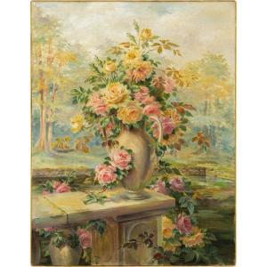 Pittore francese (datato 1919) - Natura morta con vaso di rose.
