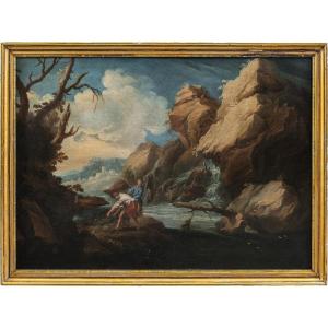 Pittore italiano (XVII-XVIII secolo) - Paesaggio fluviale con pescatori. 