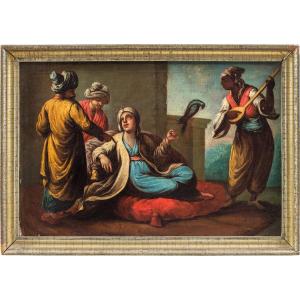 Pittore veneziano (XVIII secolo) - Nobili turchi con pappagallo e suonatore.