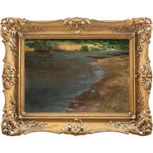 Pittore impressionista francese (XIX sec.) - Paesaggio con lago.