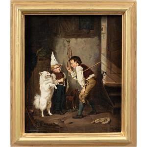Pittore realista tedesco (XIX sec.) - Due bambini giocano con il cane ammaestrato.
