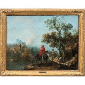 Francesco Zuccarelli (Pitigliano 1702 - Firenze 1788) - Paesaggio fluviale con cavalieri.